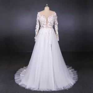 Charming White See Through Bridal Wedding Dresses 2020 A Line Princess Long Sleeve Deep V Neck Backless Appliques Lace Beading Split Front Court Train