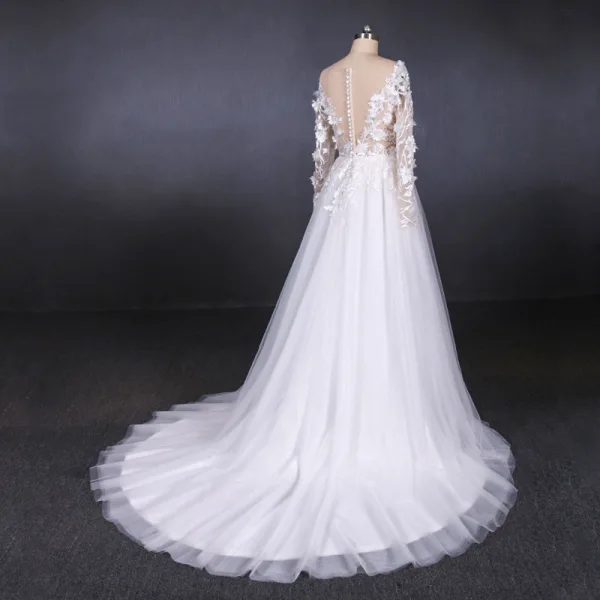 Charming White See-through Bridal Wedding Dresses 2020 A-Line / Princess Long Sleeve Deep V-Neck Backless Appliques Lace Beading Split Front Court Charming White See-through Bridal Wedding Dresses 2020 A-Line / Princess Long Sleeve Deep V-Neck Backless Appliques Lace Beading Split Front Court