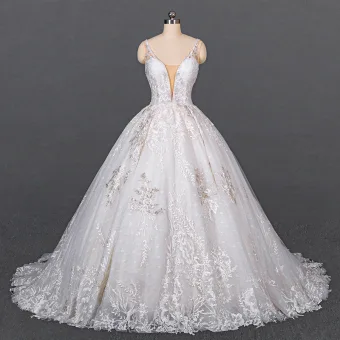 Luxury Gorgeous White Bridal Wedding Dresses 2020 Ball Gown Deep V Neck Sleeveless Backless Appliques Lace Beading Chapel Train Ruffle