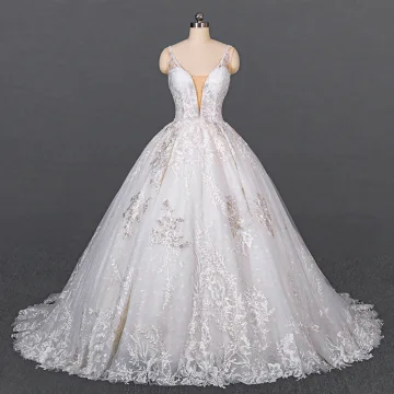 Luxury Gorgeous White Bridal Wedding Dresses 2020 Ball Gown Deep V Neck Sleeveless Backless Appliques Lace Beading Chapel Train Ruffle