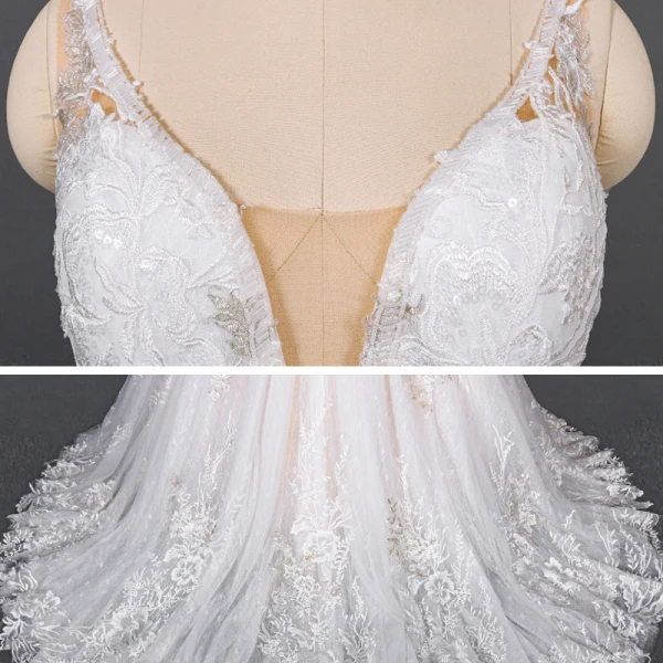 Luxe Blanche La Mariée Robe De Mariée 2020 Robe Boule Col v profond Sans Manches Dos Nu Appliques En Dentelle Perlage Chapel Train Volants