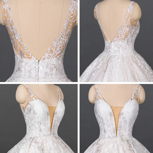 Luxe Blanche La Mariée Robe De Mariée 2020 Robe Boule Col v profond Sans Manches Dos Nu Appliques En Dentelle Perlage Chapel Train Volants