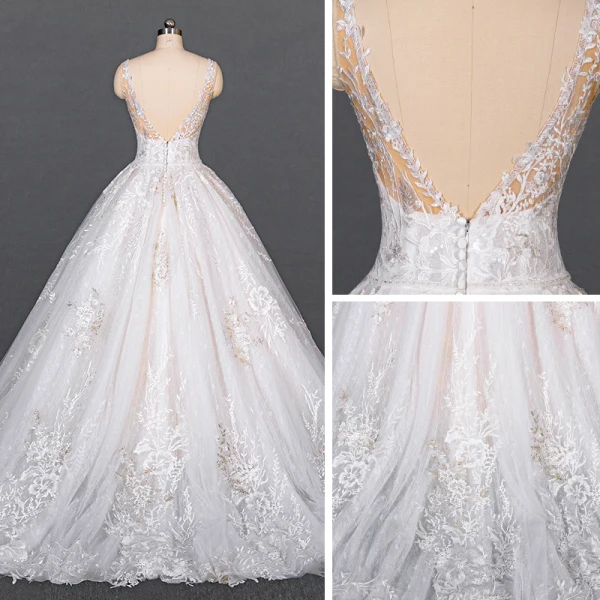 Luxe Blanche La Mariée Robe De Mariée 2020 Robe Boule Col v profond Sans Manches Dos Nu Appliques En Dentelle Perlage Chapel Train Volants