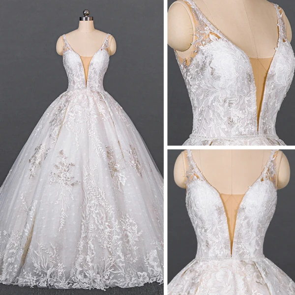 Luxe Blanche La Mariée Robe De Mariée 2020 Robe Boule Col v profond Sans Manches Dos Nu Appliques En Dentelle Perlage Chapel Train Volants