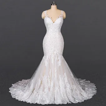 Luxe Blanche La Mariée Robe De Mariée 2020 Trompette Sirène V Cou Sans Manches Dos Nu Appliques En Dentelle Perlage Tribunal Train Volants
