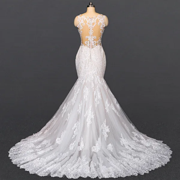Luxury / Gorgeous White Bridal Wedding Dresses 2020 Trumpet / Mermaid V-Neck Sleeveless Backless Appliques Lace Beading Court Train Ruffle
