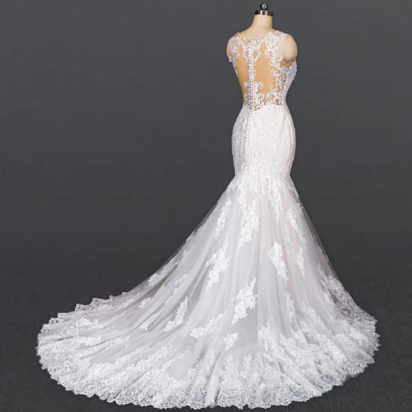 Luxury / Gorgeous White Bridal Wedding Dresses 2020 Trumpet / Mermaid V-Neck Sleeveless Backless Appliques Lace Beading Court Train Ruffle