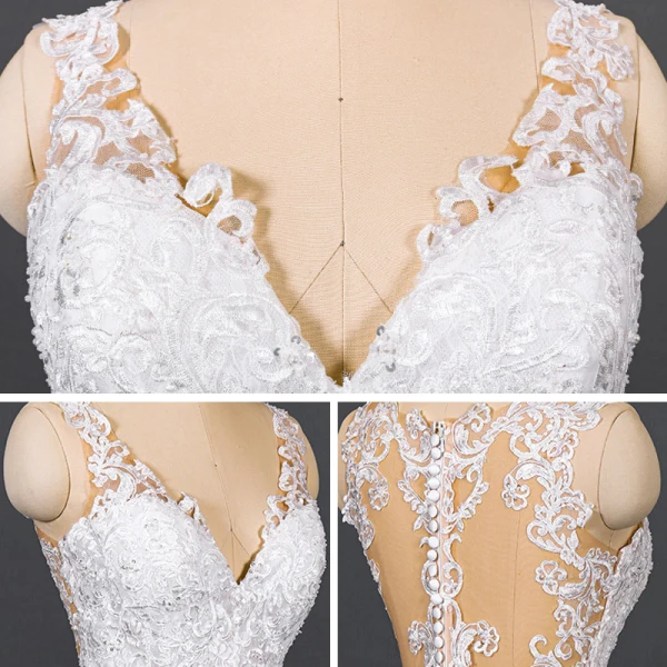 Luxury / Gorgeous White Bridal Wedding Dresses 2020 Trumpet / Mermaid V-Neck Sleeveless Backless Appliques Lace Beading Court Train Ruffle