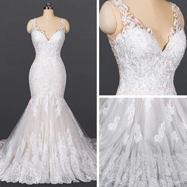 Luxury / Gorgeous White Bridal Wedding Dresses 2020 Trumpet / Mermaid V-Neck Sleeveless Backless Appliques Lace Beading Court Train Ruffle