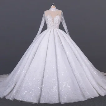 Luxe Blanche La Mariée Transparentes Robe De Mariée 2020 Robe Boule Col Haut Manches Longues Fait Main Perlage Paillettes Cathedral Train Volants