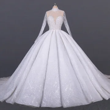 Luxe Blanche La Mariée Transparentes Robe De Mariée 2020 Robe Boule Col Haut Manches Longues Fait Main Perlage Paillettes Cathedral Train Volants