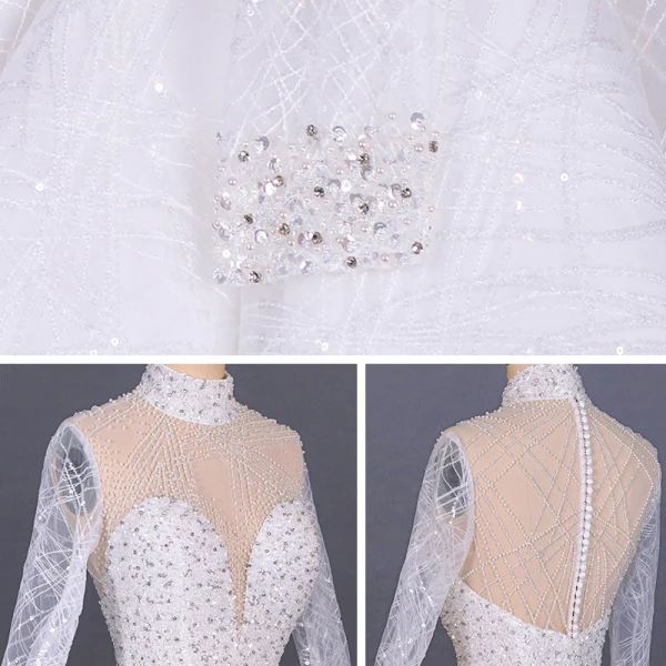 Luxus / Herrlich Weiß Hochzeits Durchsichtige Brautkleider / Hochzeitskleider 2020 Ballkleid Stehkragen Lange Ärmel Handgefertigt Perlenstickerei Pailletten Kathedrale Schleppe Rüschen