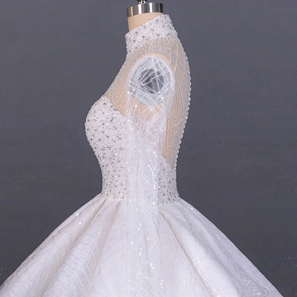 Luxus / Herrlich Weiß Hochzeits Durchsichtige Brautkleider / Hochzeitskleider 2020 Ballkleid Stehkragen Lange Ärmel Handgefertigt Perlenstickerei Pailletten Kathedrale Schleppe Rüschen