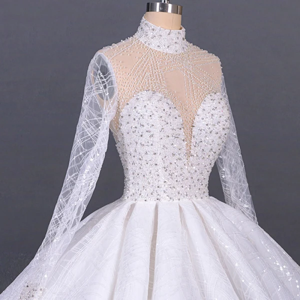 Luxus / Herrlich Weiß Hochzeits Durchsichtige Brautkleider / Hochzeitskleider 2020 Ballkleid Stehkragen Lange Ärmel Handgefertigt Perlenstickerei Pailletten Kathedrale Schleppe Rüschen