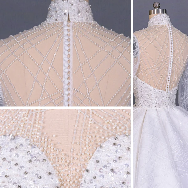 Luxus / Herrlich Weiß Hochzeits Durchsichtige Brautkleider / Hochzeitskleider 2020 Ballkleid Stehkragen Lange Ärmel Handgefertigt Perlenstickerei Pailletten Kathedrale Schleppe Rüschen