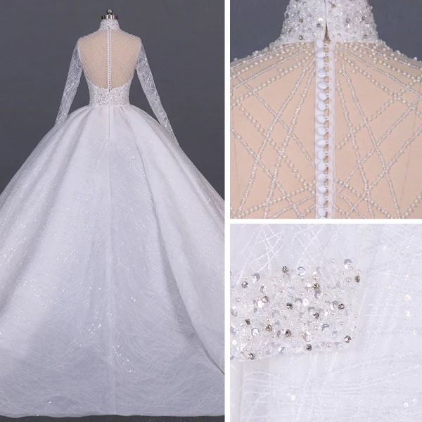 Luxus / Herrlich Weiß Hochzeits Durchsichtige Brautkleider / Hochzeitskleider 2020 Ballkleid Stehkragen Lange Ärmel Handgefertigt Perlenstickerei Pailletten Kathedrale Schleppe Rüschen