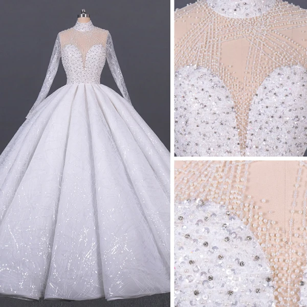 Luxus / Herrlich Weiß Hochzeits Durchsichtige Brautkleider / Hochzeitskleider 2020 Ballkleid Stehkragen Lange Ärmel Handgefertigt Perlenstickerei Pailletten Kathedrale Schleppe Rüschen