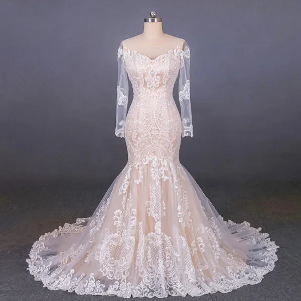 Stunning Gold Bridal Wedding Dresses 2020 Ball Gown See-through Scoop Neck  Long Sleeve Backless Appliques Lace Handmade Beading Glitter Tulle Royal  Train Ruffle