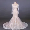 Luxury / Gorgeous Champagne See-through Bridal Wedding Dresses 2020 Trumpet / Mermaid Scoop Neck Long Sleeve Backless Appliques Lace Beading Court Train Ruffle