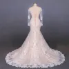 Luxury / Gorgeous Champagne See-through Bridal Wedding Dresses 2020 Trumpet / Mermaid Scoop Neck Long Sleeve Backless Appliques Lace Beading Court Train Ruffle