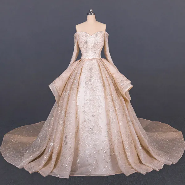Luxury / Gorgeous Champagne Gold Bridal Wedding Dresses 2020 Ball Gown Off-The-Shoulder Long Sleeve Backless Handmade  Beading Sequins Glitter Tulle Cathedral Train Ruffle