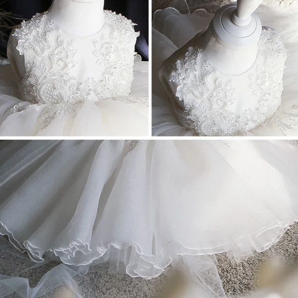 Schöne Weiß Organza Sommer Blumenmädchenkleider 2020 Ballkleid Rundhalsausschnitt Ärmellos Applikationen Spitze Perle Kurze Rüschen Kleider Für Hochzeit
