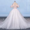 Luxury / Gorgeous Champagne Bridal Wedding Dresses 2020 Ball Gown Off-The-Shoulder Short Sleeve Backless Appliques Lace Sequins Glitter Tulle Detachable Cathedral Train Ruffle