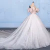 Luxury / Gorgeous Champagne Bridal Wedding Dresses 2020 Ball Gown Off-The-Shoulder Short Sleeve Backless Appliques Lace Sequins Glitter Tulle Detachable Cathedral Train Ruffle