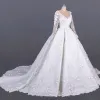 Luxury / Gorgeous White Bridal Wedding Dresses 2020 Ball Gown See-through Scoop Neck Long Sleeve Appliques Flower Handmade  Beading Cathedral Train Ruffle