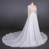 Illusion Luxury / Gorgeous White See-through Bridal Wedding Dresses 2020 Empire Scoop Neck Sleeveless Sash Appliques Lace Beading Pearl Chapel Train