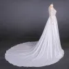 Illusion Luxury / Gorgeous White See-through Bridal Wedding Dresses 2020 Empire Scoop Neck Sleeveless Sash Appliques Lace Beading Pearl Chapel Train