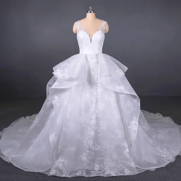 Luxury / Gorgeous White See-through Bridal Wedding Dresses 2020 Ball Gown Shoulders Sleeveless Appliques Lace Beading Chapel Train Ruffle