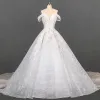 Luxury / Gorgeous Ivory Bridal Wedding Dresses 2020 Ball Gown Off-The-Shoulder Short Sleeve Backless Glitter Tulle Appliques Lace Beading Cathedral Train Ruffle