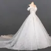 Luxury / Gorgeous Ivory Bridal Wedding Dresses 2020 Ball Gown Off-The-Shoulder Short Sleeve Backless Glitter Tulle Appliques Lace Beading Cathedral Train Ruffle