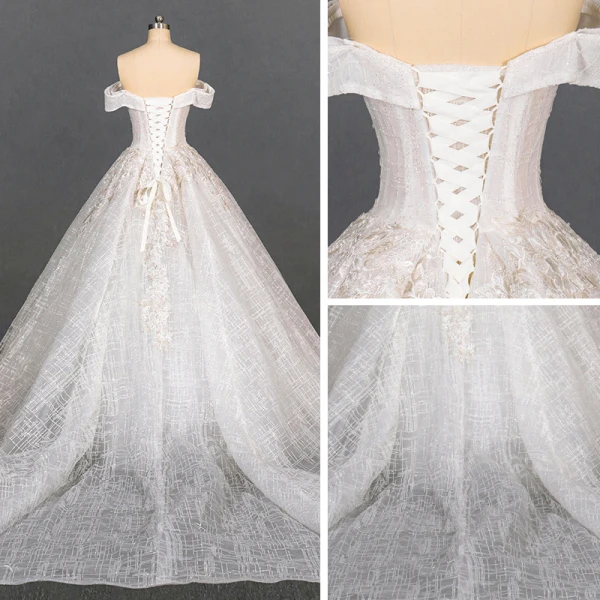 Luxury / Gorgeous Ivory Bridal Wedding Dresses 2020 Ball Gown Off-The-Shoulder Short Sleeve Backless Glitter Tulle Appliques Lace Beading Cathedral Train Ruffle