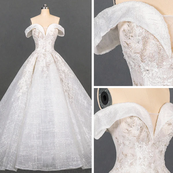 Luxury / Gorgeous Ivory Bridal Wedding Dresses 2020 Ball Gown Off-The-Shoulder Short Sleeve Backless Glitter Tulle Appliques Lace Beading Cathedral Train Ruffle