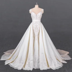 Luksus Hvit Satin Bryllups Brudekjoler 2020 Trompet Havfrue Gjennomsiktig Scoop Halsen Uten Ermer Sash Appliques Blonder Beading Avtakbar Cathedral Train Buste