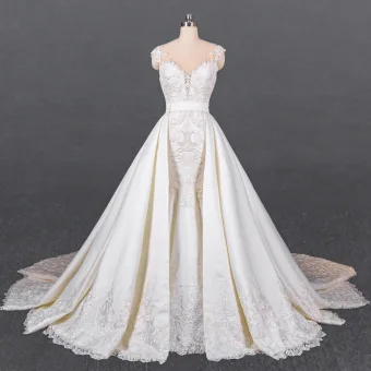 Luxe Blanche Satin La Mariée Robe De Mariée 2020 Trompette Sirène Transparentes Encolure Dégagée Sans Manches Ceinture Appliques En Dentelle Perlage Détachable Cathedral Train Volants