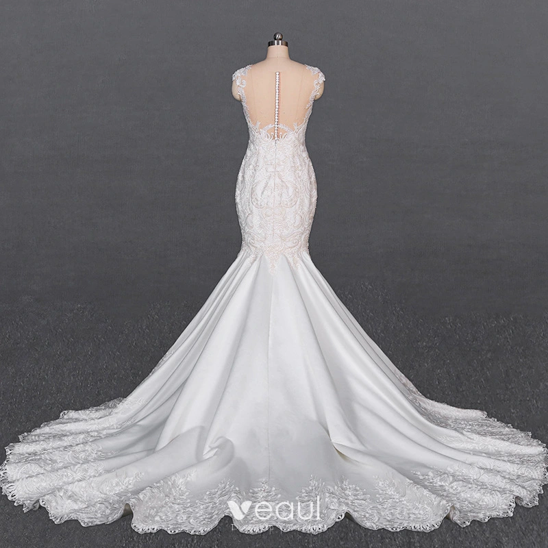 White Mermaid Satin Appliques See Through Wedding Dress White Mermaid Satin Appliques See Through Wedding Dress