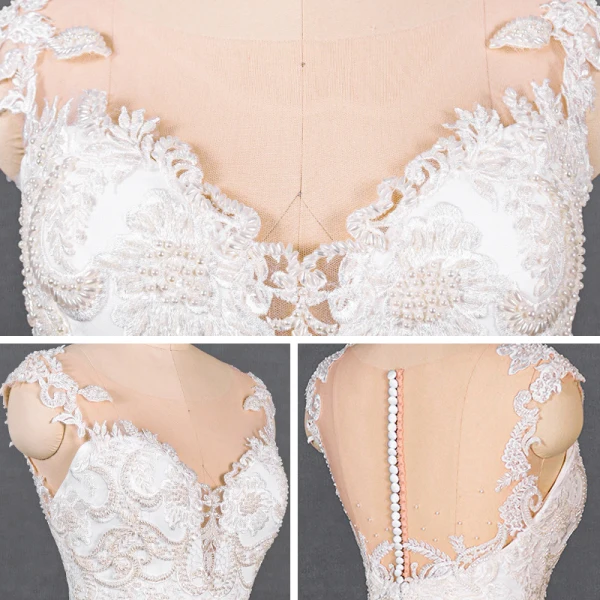 Luxe Blanche Satin La Mariée Robe De Mariée 2020 Trompette / Sirène Transparentes Encolure Dégagée Sans Manches Ceinture Appliques En Dentelle Perlage Détachable Cathedral Train Volants