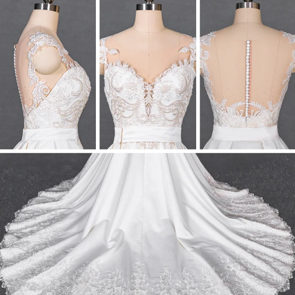 Luxe Blanche Satin La Mariée Robe De Mariée 2020 Trompette / Sirène Transparentes Encolure Dégagée Sans Manches Ceinture Appliques En Dentelle Perlage Détachable Cathedral Train Volants
