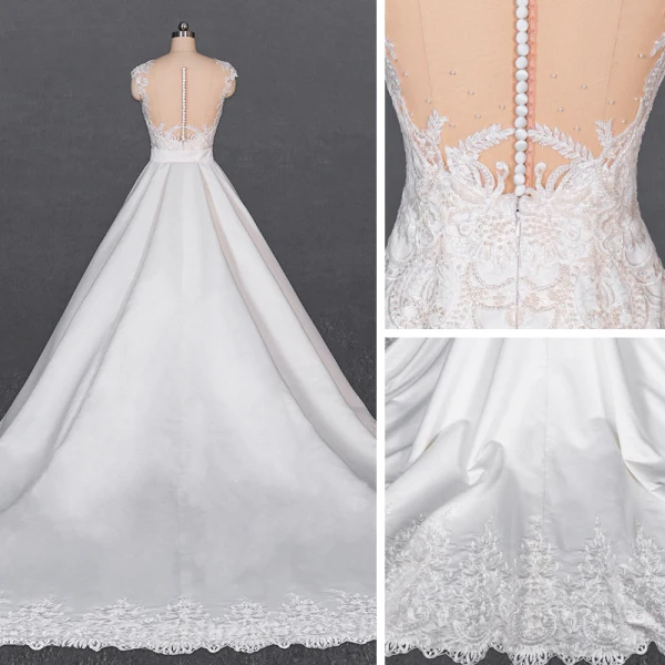 Luxe Blanche Satin La Mariée Robe De Mariée 2020 Trompette / Sirène Transparentes Encolure Dégagée Sans Manches Ceinture Appliques En Dentelle Perlage Détachable Cathedral Train Volants