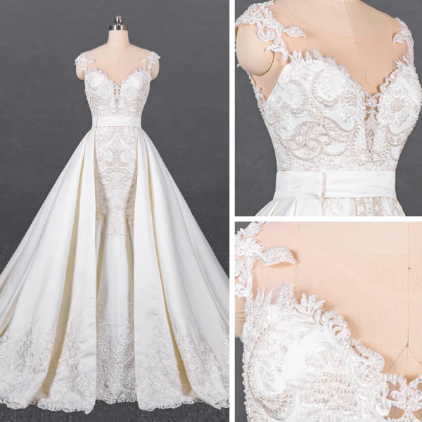 Luxe Blanche Satin La Mariée Robe De Mariée 2020 Trompette / Sirène Transparentes Encolure Dégagée Sans Manches Ceinture Appliques En Dentelle Perlage Détachable Cathedral Train Volants