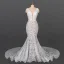 High-end Champagne Lace Bridal Wedding Dresses 2020 Trumpet / Mermaid Deep V-Neck Sleeveless Backless Chapel Train Ruffle