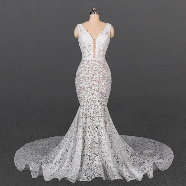 High-end Champagne Lace Bridal Wedding Dresses 2020 Trumpet / Mermaid Deep V-Neck Sleeveless Backless Chapel Train Ruffle