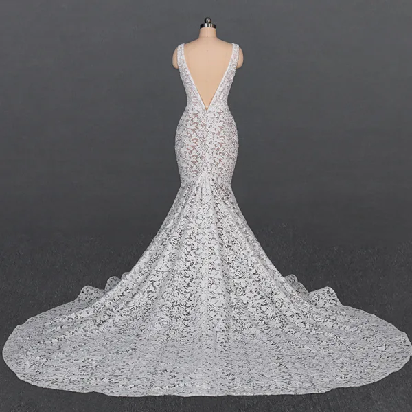 High-end Champagne Lace Bridal Wedding Dresses 2020 Trumpet / Mermaid Deep V-Neck Sleeveless Backless Chapel Train Ruffle