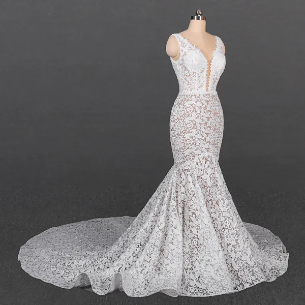 High-end Champagne Lace Bridal Wedding Dresses 2020 Trumpet / Mermaid Deep V-Neck Sleeveless Backless Chapel Train Ruffle