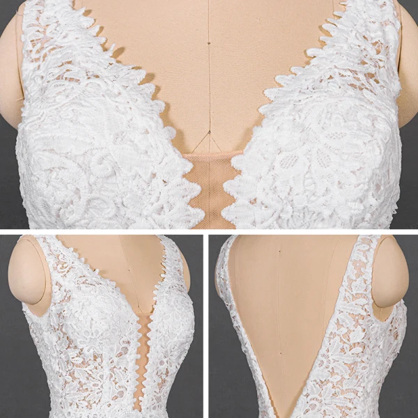 High-end Champagne Lace Bridal Wedding Dresses 2020 Trumpet / Mermaid Deep V-Neck Sleeveless Backless Chapel Train Ruffle
