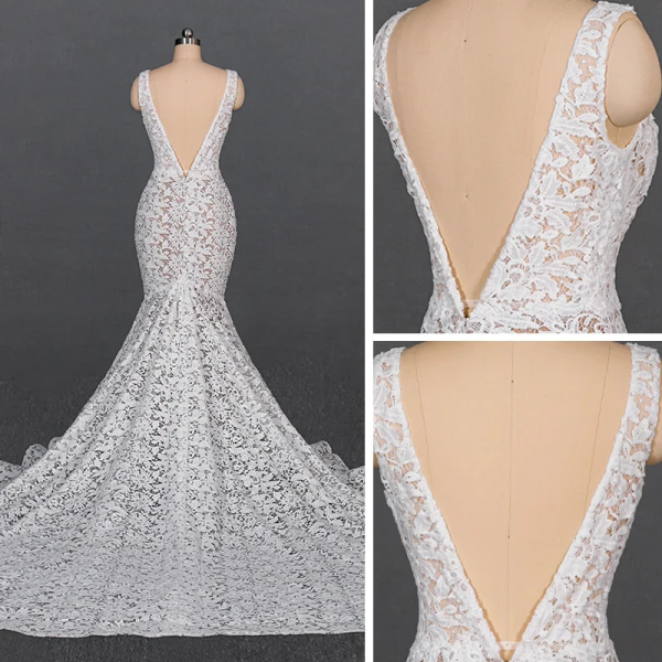 High-end Champagne Lace Bridal Wedding Dresses 2020 Trumpet / Mermaid Deep V-Neck Sleeveless Backless Chapel Train Ruffle