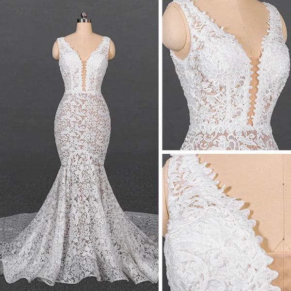 High-end Champagne Lace Bridal Wedding Dresses 2020 Trumpet / Mermaid Deep V-Neck Sleeveless Backless Chapel Train Ruffle